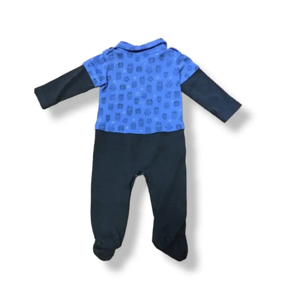 Feather Baby Boys Romper Size 3-6 Months Blue Gray‎ Owl Print Footed Feet